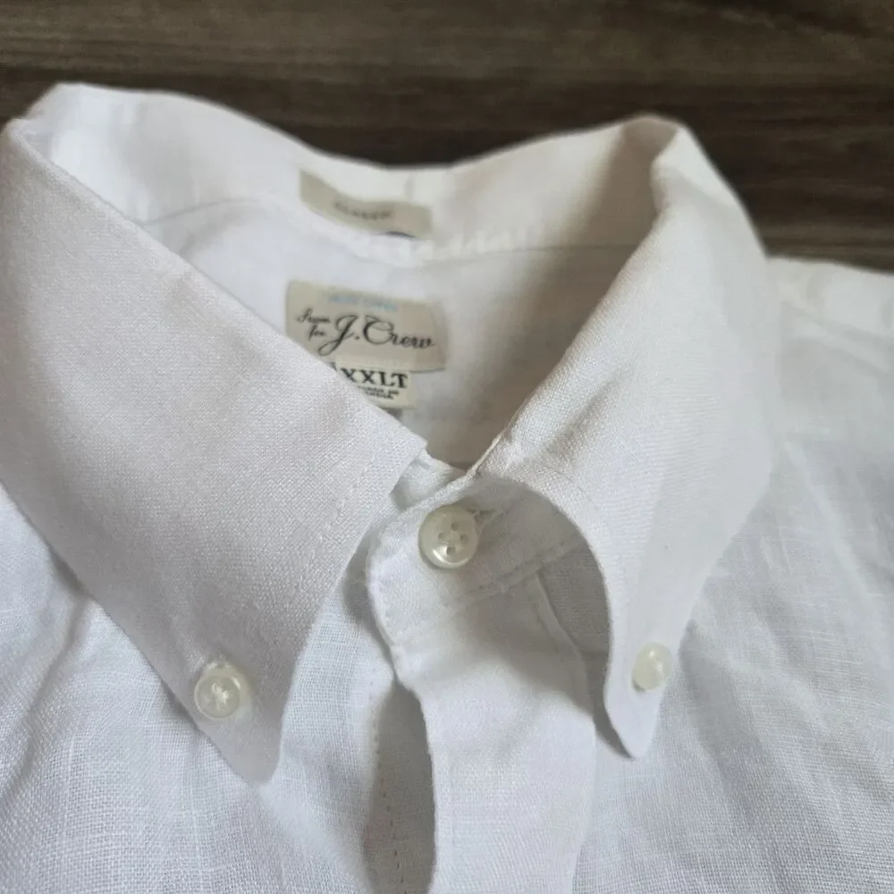 J Crew Mens XXLT Baird McNutt Irish Linen Shirt White Short Sleeve Button Front